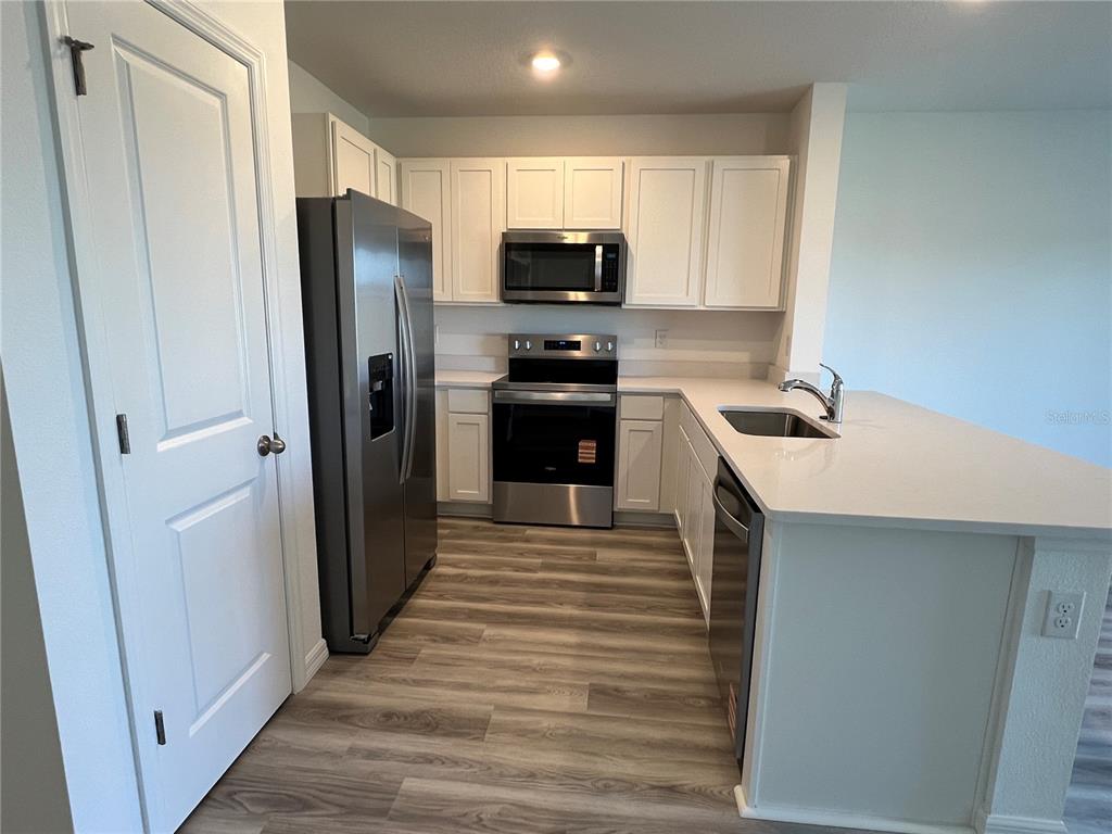 2472 Riversong Ldg Lane Wesley Chapel, FL 33543 - Photo 6 of 24 a kitchen with a sink a microwave a refrigerator and cabinets