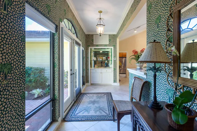 a workspace with furniture and a fireplace