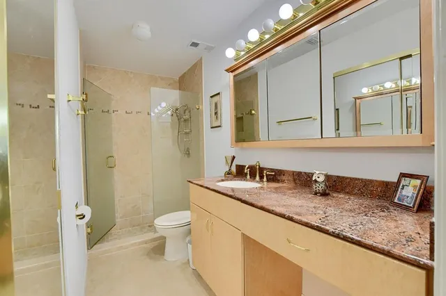 a bathroom with a granite countertop sink a toilet and a shower