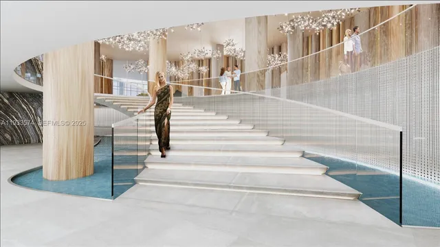 a living room with chandelier and outdoor seating