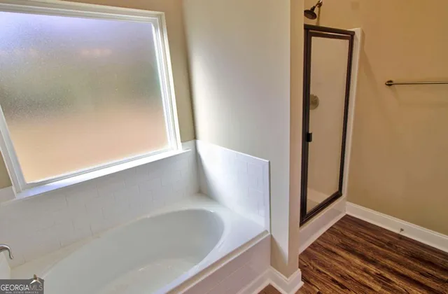 a bathroom with a bathtub