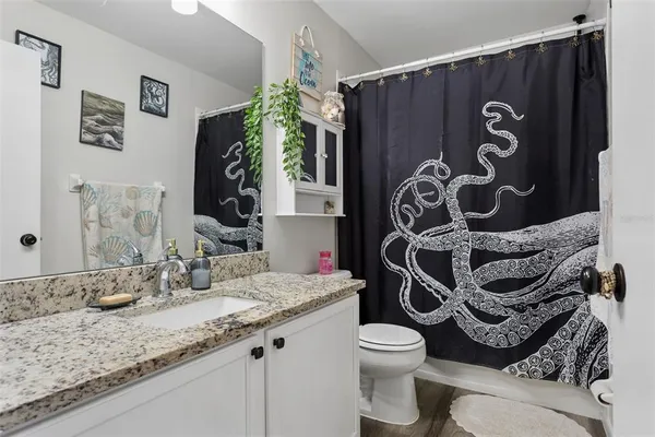 a bathroom with a granite countertop toilet sink and mirror