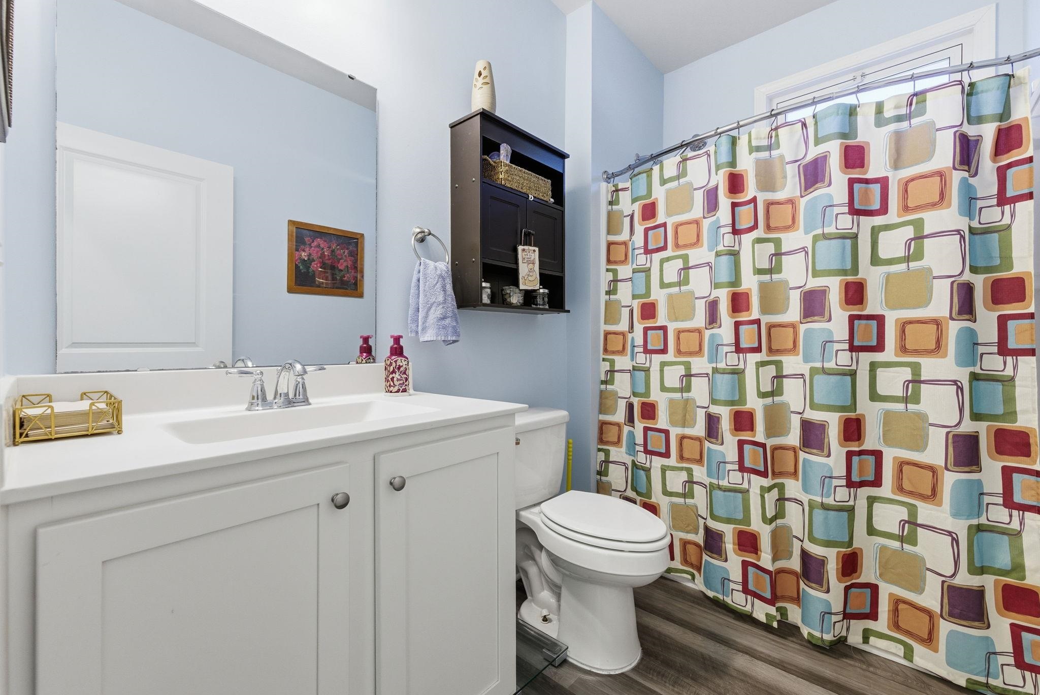144 Legends Village Loop Myrtle Beach, SC 29579 - Photo 11 of 25 Bathroom featuring curtained shower, vanity, and dark wood finished floors