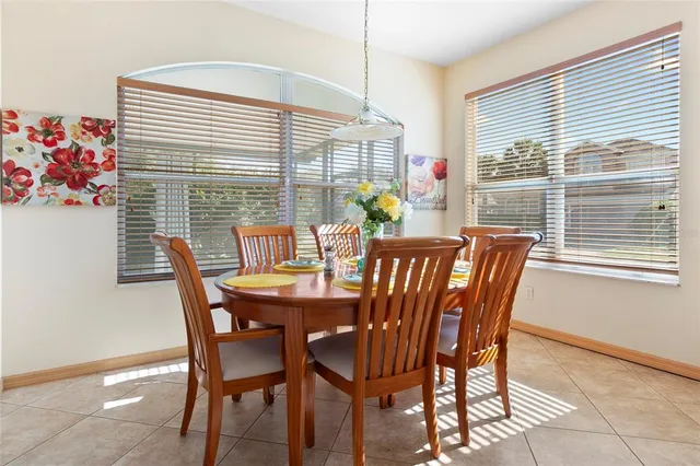 a view of a dining room with furniture window and outside view