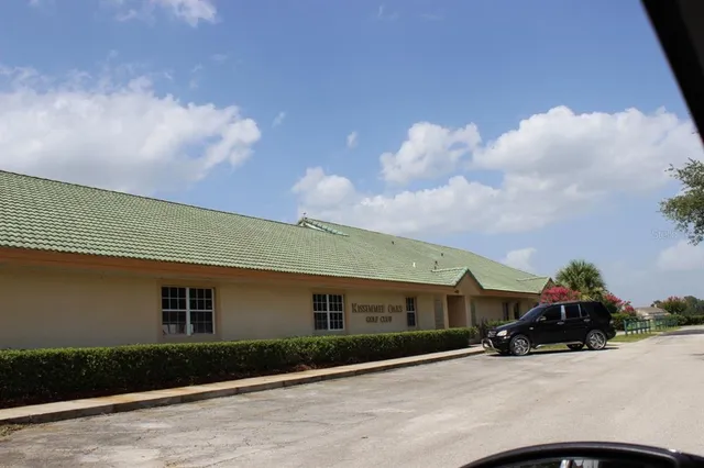 a view of a park with large trees