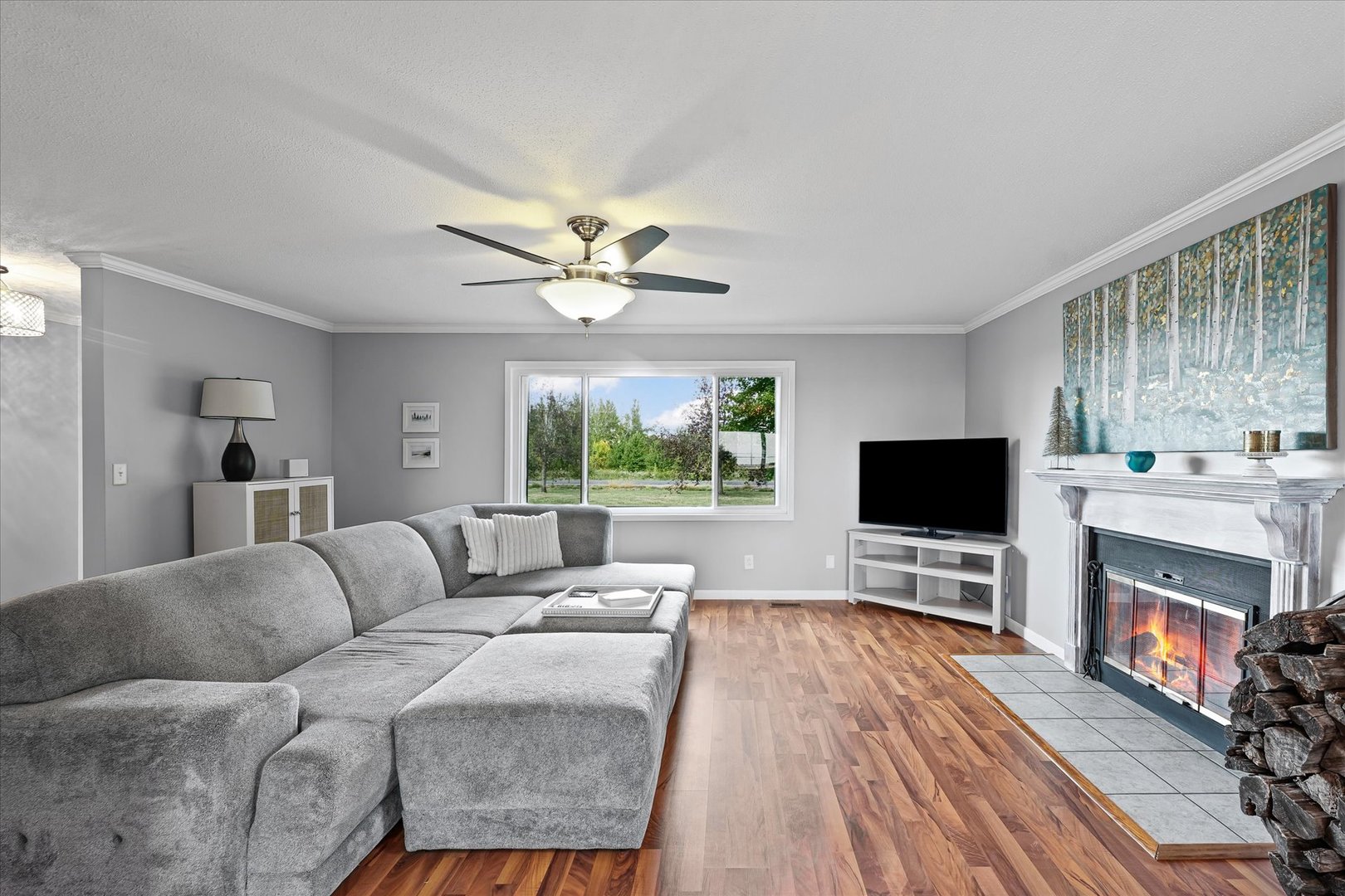 1707 West Old Church Road Champaign, IL 61822 - Photo 10 of 32 a living room with furniture a fireplace and a flat screen tv