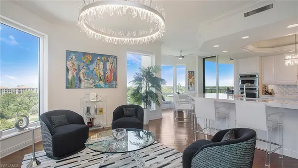 a view of a dining room with furniture