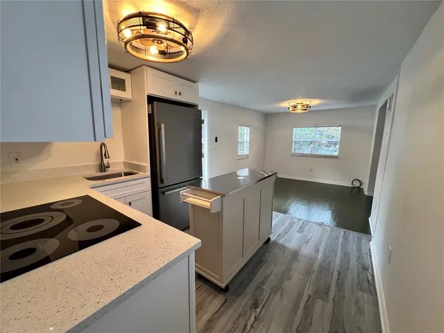 a kitchen with a stove and a refrigerator