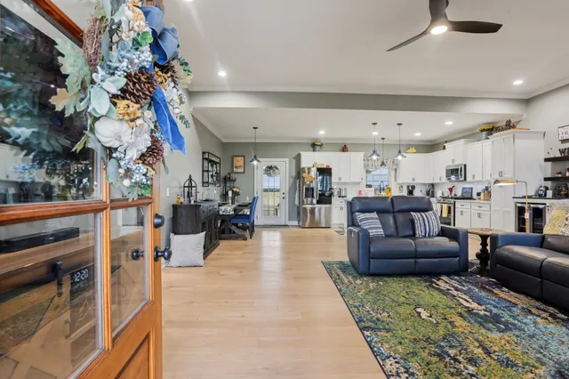 a view of a dining room with furniture