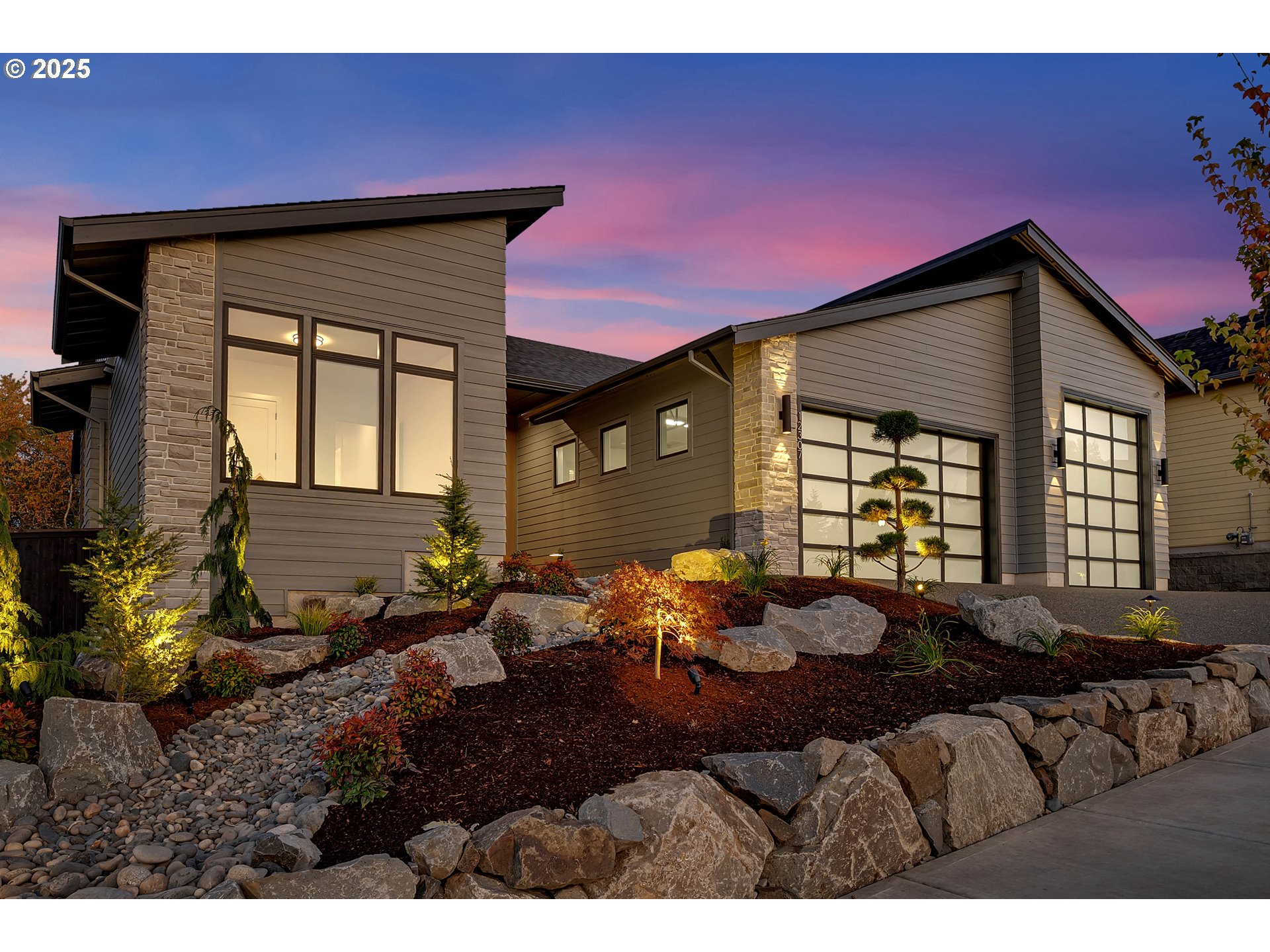 a front view of a house with patio