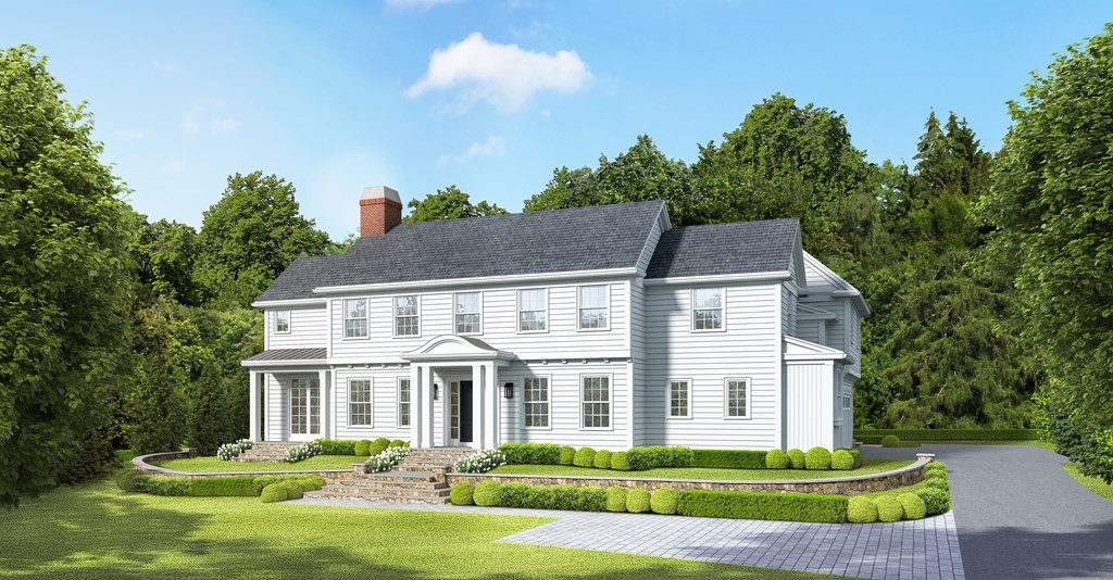 a front view of a house with a garden and trees