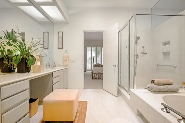 a bathroom with a tub a potted plant on the counter and shower