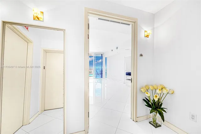 a view of a hallway with painted walls