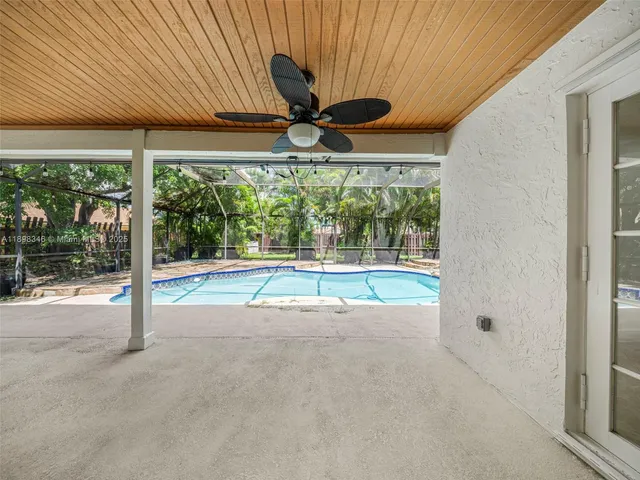 a view of a garden with a fountain