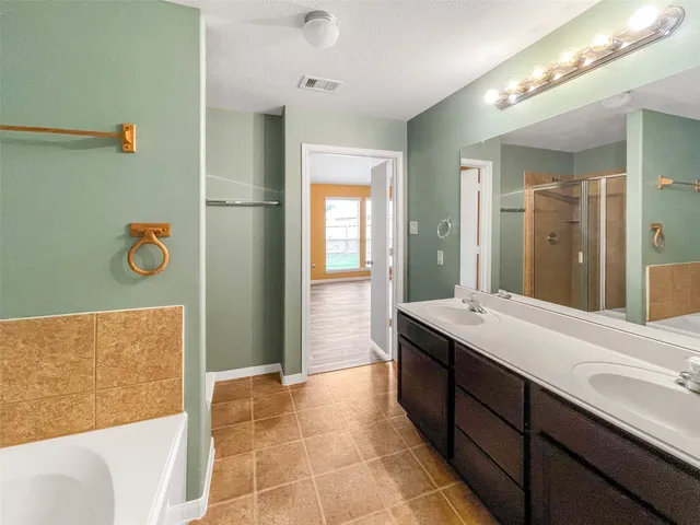 a bathroom with a sink a mirror and a bathtub