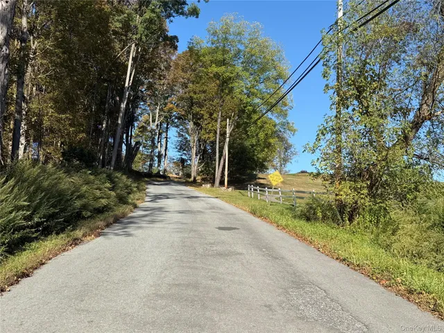a view of a road with plants and trees beside of it