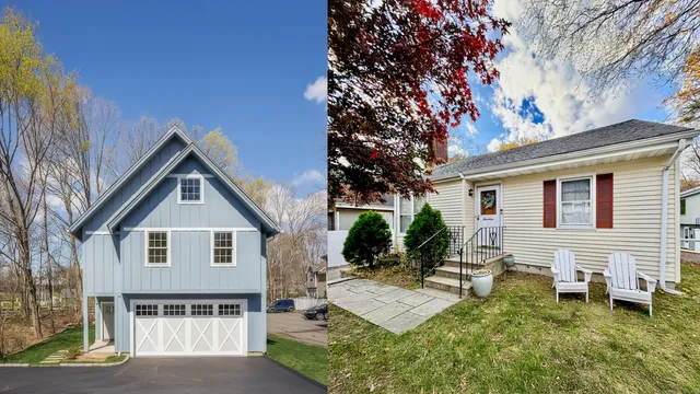 a view of house with backyard and sitting area