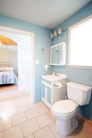 a bathroom with a toilet a sink and a mirror