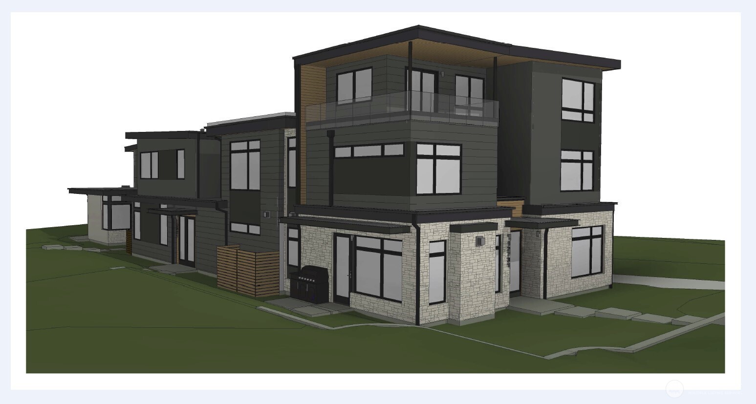 a black white building with a outdoor space