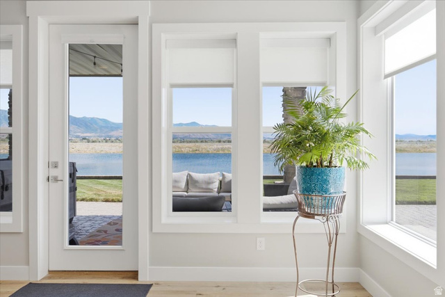 21 Pier Place Tooele, UT 84074 - Photo 60 of 112 Light wood-finish flooring with crisp white trim and a full-light exterior door