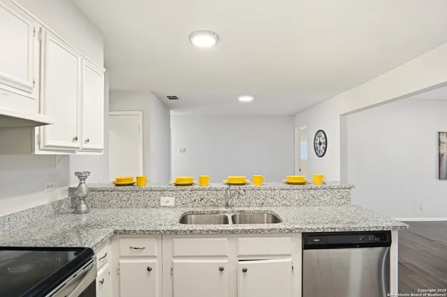 a kitchen with stainless steel appliances granite countertop a sink and a white cabinets