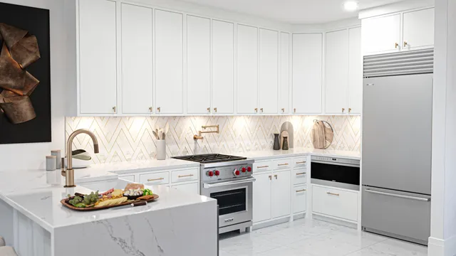 a kitchen with a white cabinets and white appliances