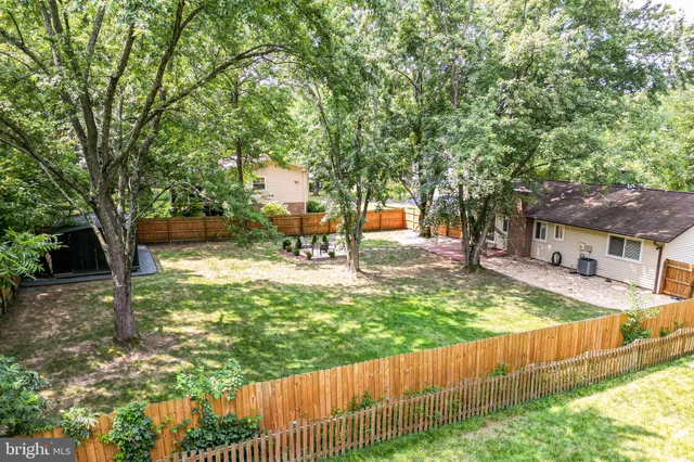 a view of a yard with plants and a bench