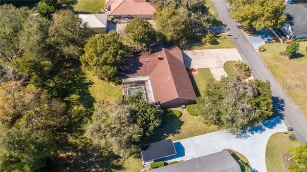 an aerial view of a house with a yard and a large tree