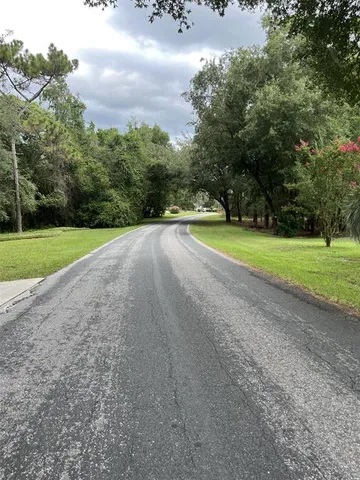 a view of a field with a trees in the background