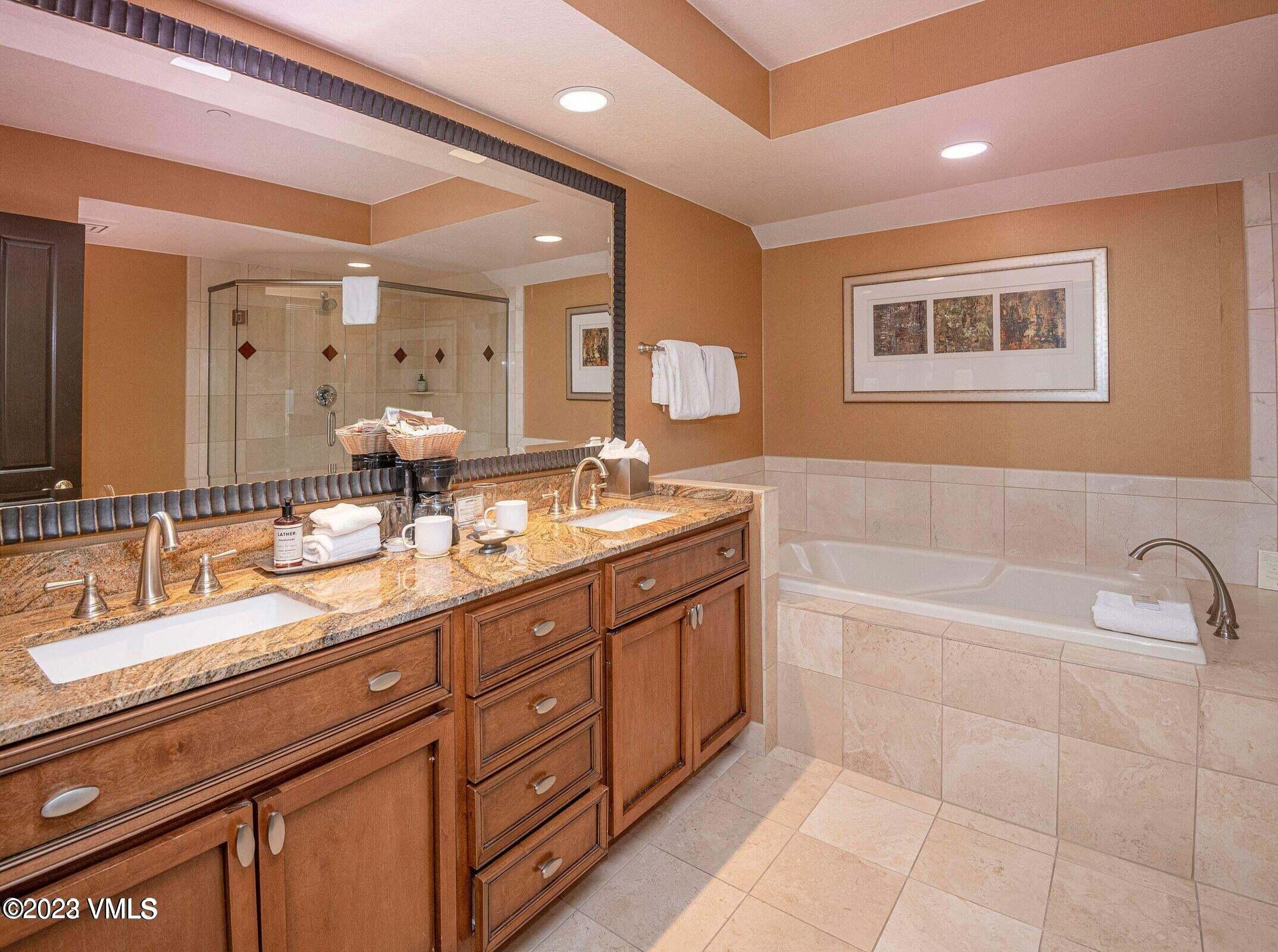 210 Offerson Road, Unit 109WEEK 11 Beaver Creek, CO 81620 - Photo 11 of 25 a bathroom with a granite countertop double vanity sink a mirror and a bathtub