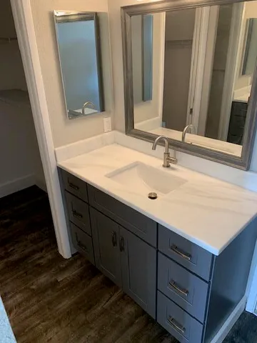 a bathroom with a sink and a mirror