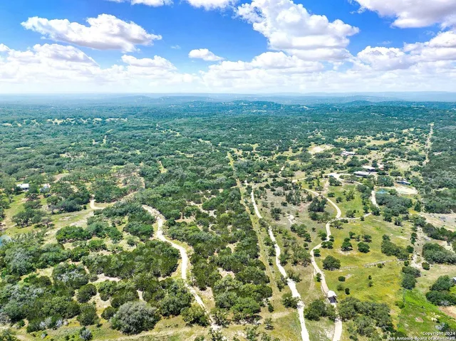 an aerial view of residential houses with outdoor space and trees