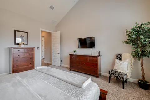 a bedroom with a bed and furniture
