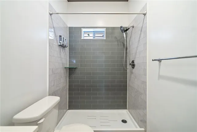 a bathroom with a shower and toilet