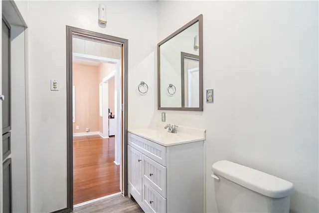 a bathroom with a toilet a sink a mirror and vanity