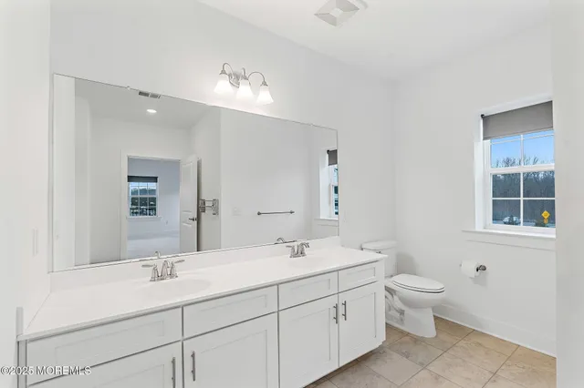 a bathroom with a double vanity sink toilet and a mirror