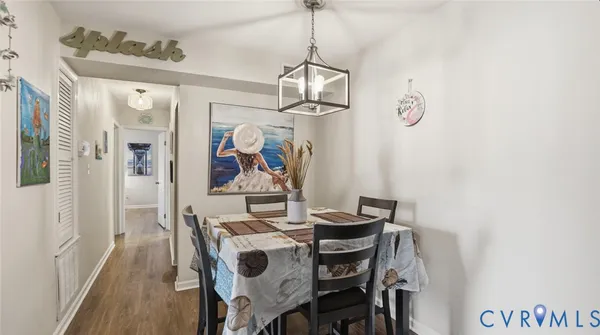 a view of a dining room with furniture