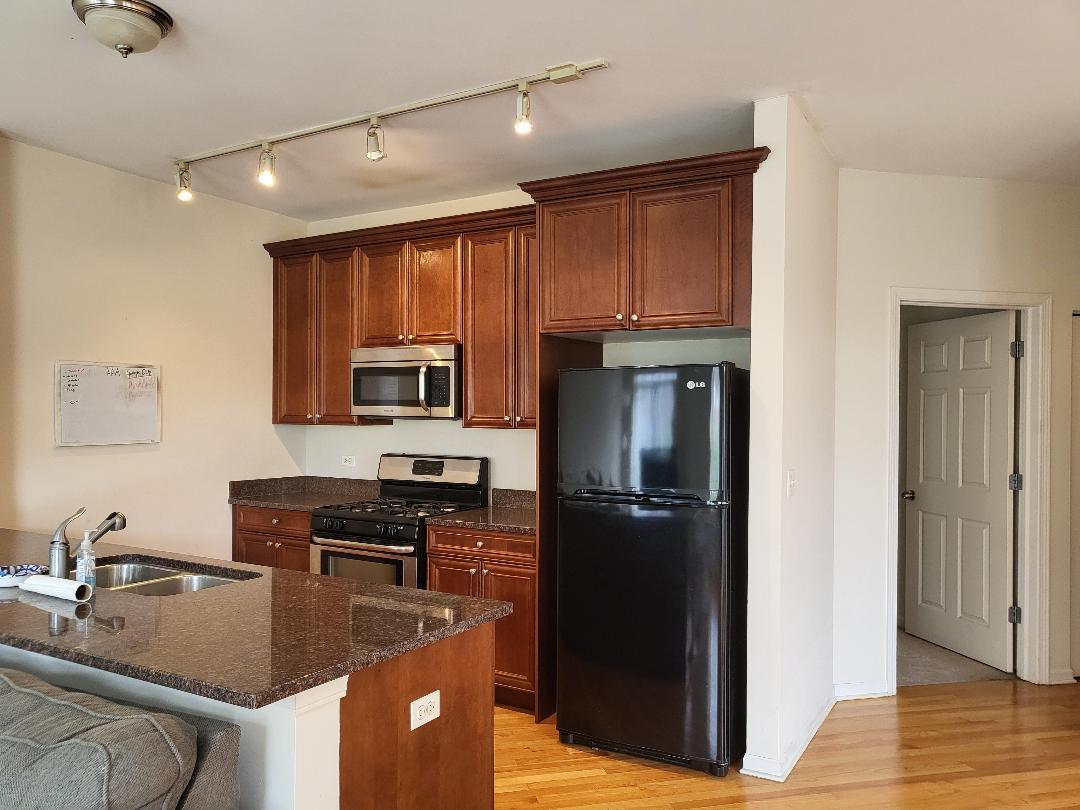 758 West 15th Street, Unit 3B Chicago, IL 60607 - Photo 4 of 30 a kitchen with stainless steel appliances granite countertop a refrigerator a stove and a sink with wooden floor