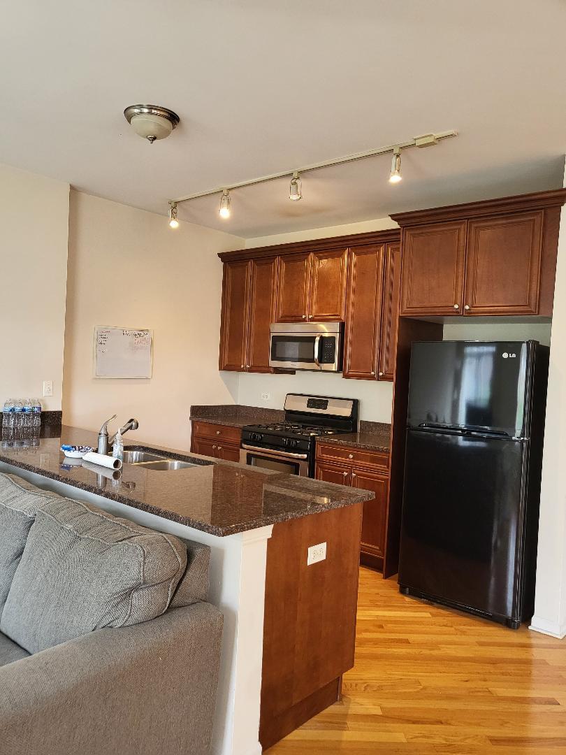758 West 15th Street, Unit 3B Chicago, IL 60607 - Photo 5 of 30 a kitchen with stainless steel appliances granite countertop a refrigerator stove microwave and sink