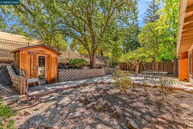 a view of backyard with a table and chairs and a large tree