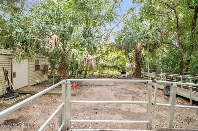 a view of backyard with trees and plants