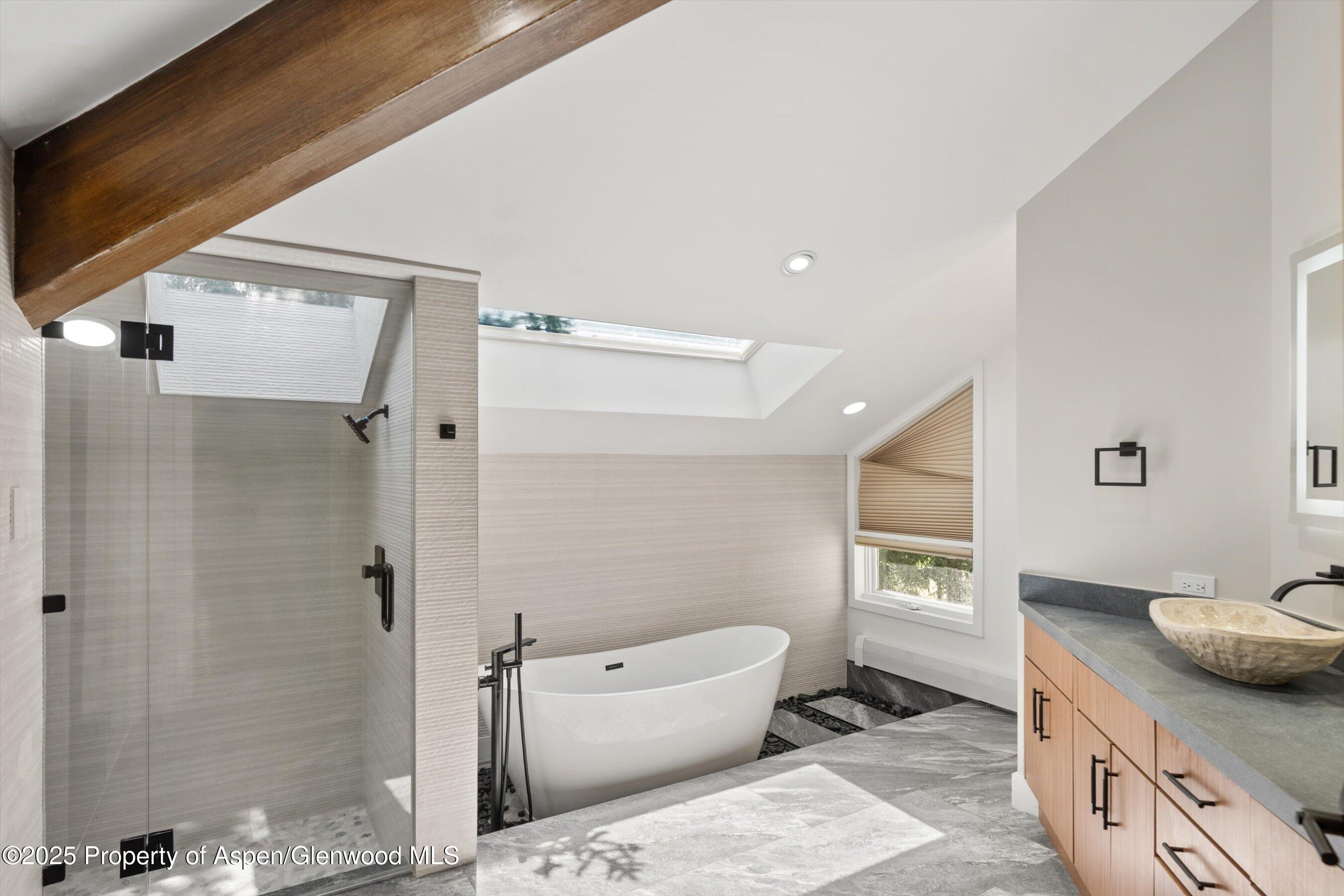 75 Bennett Court Aspen, CO 81611 - Photo 28 of 65 a bathroom with a granite countertop sink a toilet and shower