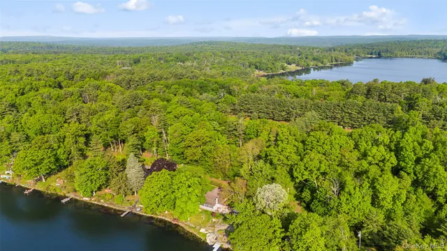 an aerial view of residential houses with outdoor space and trees