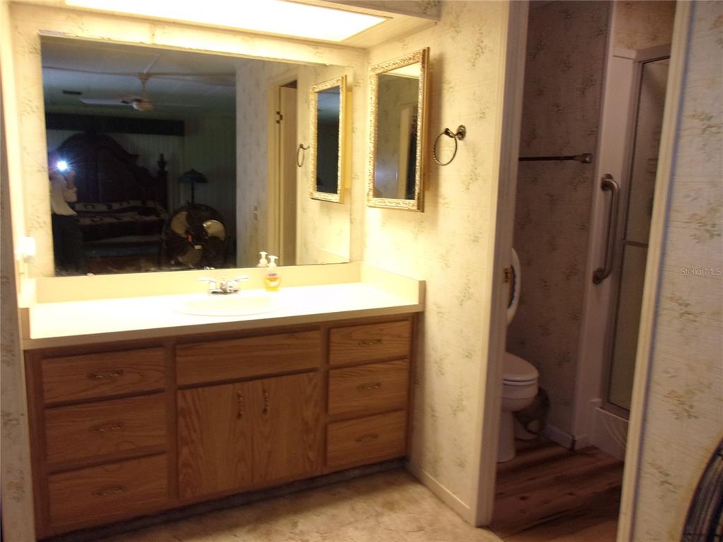 6485 Northeast 2nd Street Ocala, FL 34470 - Photo 36 of 55 a bathroom with a sink a mirror and a shower