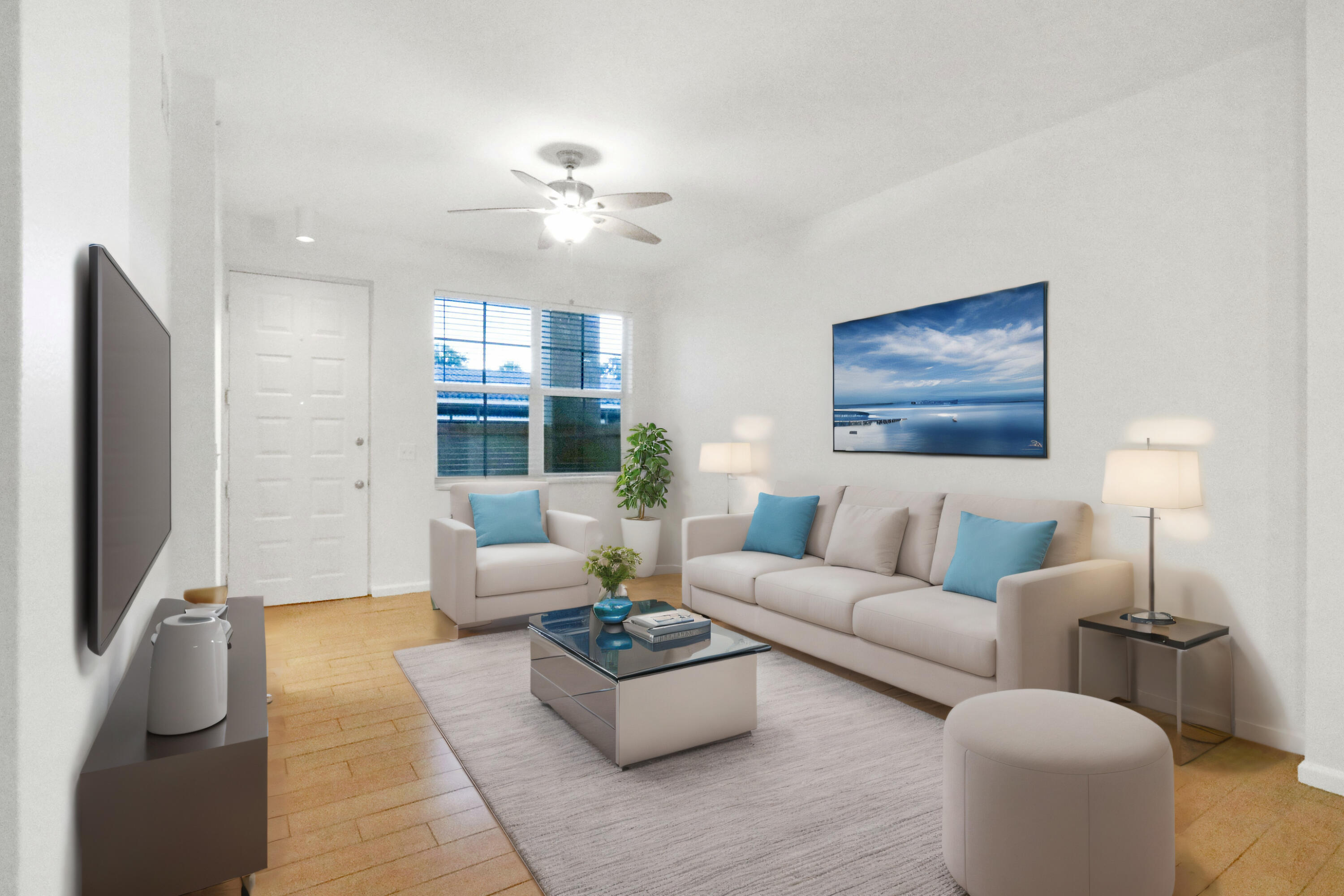 4784 Central Boulevard, Unit 10 Jupiter, FL 33458 - Photo 4 of 29 a living room with furniture a chandelier and a flat screen tv