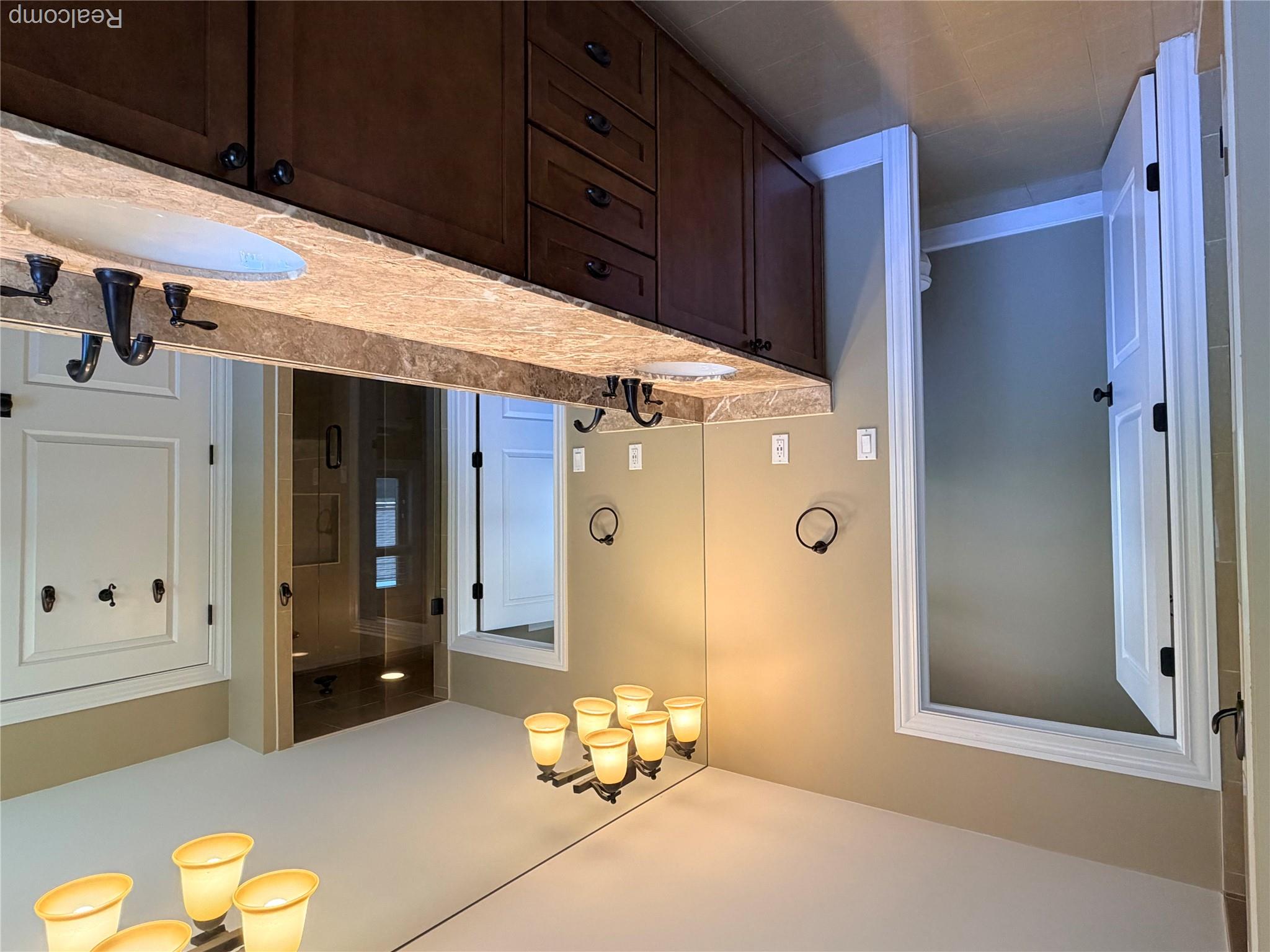 1555 Ruffner Avenue Birmingham, MI 48009 - Photo 30 of 49 Double vanity with undermount sinks, stone-finish countertop, and dark wood cabinetry