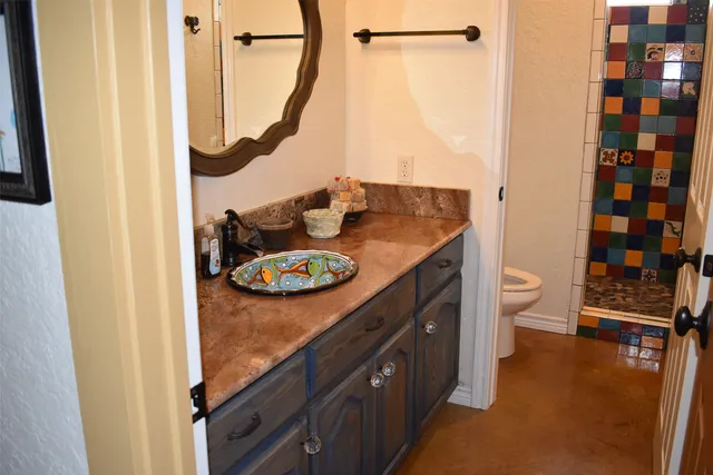 a bathroom with a sink a toilet and shower curtain