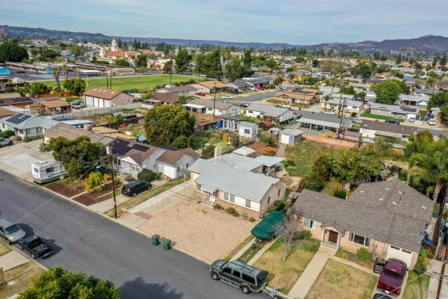 an aerial view of a building with outdoor space