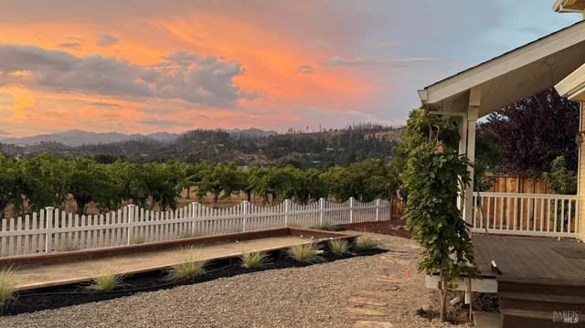 a view of a yard with iron fence
