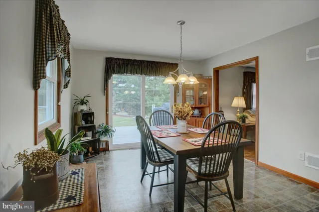 a dining room with furniture potted plants and wooden floor